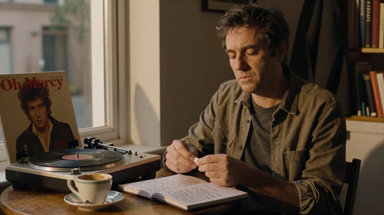 Homem sentado à mesa com caderno aberto, máquina de vinil e chávena de café num ambiente calmo e iluminado.