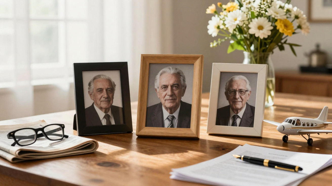 Mesa de madeira com três retratos de homens idosos, óculos, flores, avião de brinquedo e documentos.
