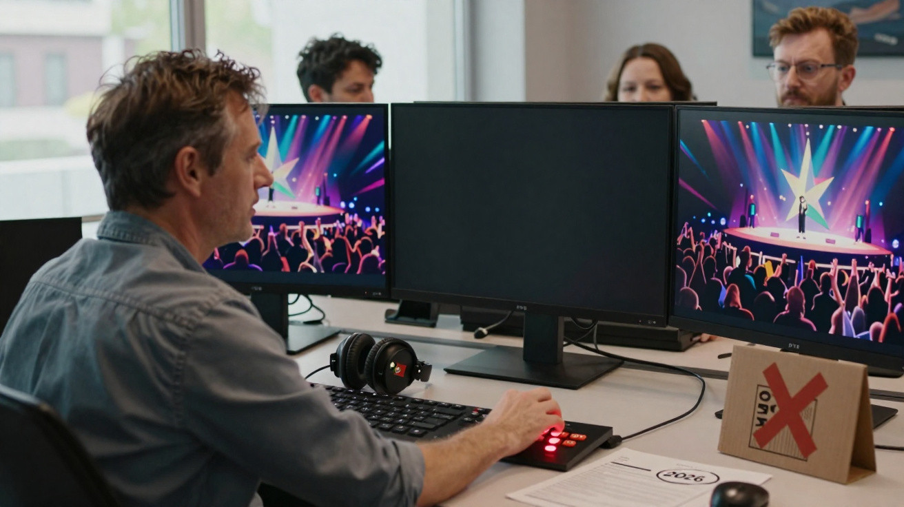 Homem a editar vídeo num escritório com três monitores, dois exibem palco iluminado e plateia.