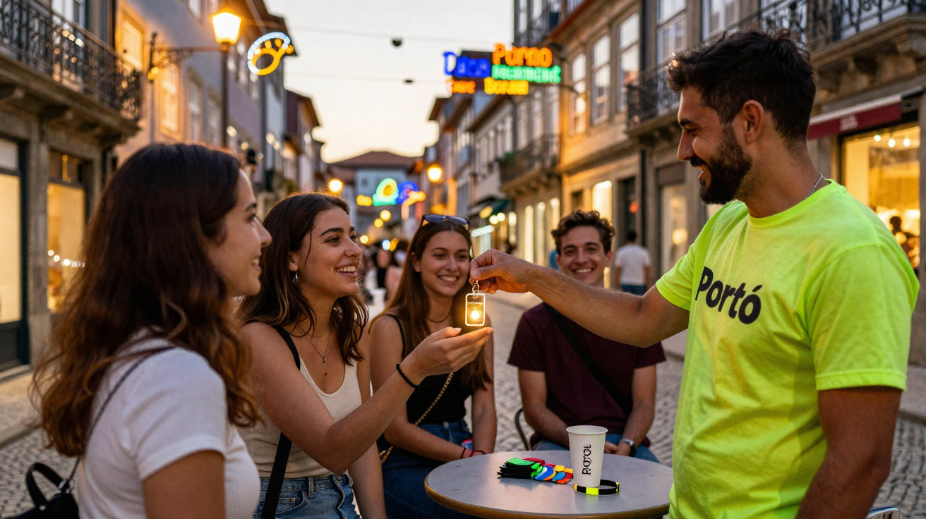 Jovem com tshirt amarela dá lembrança a grupo de amigos numa rua à noite em ambiente descontraído.