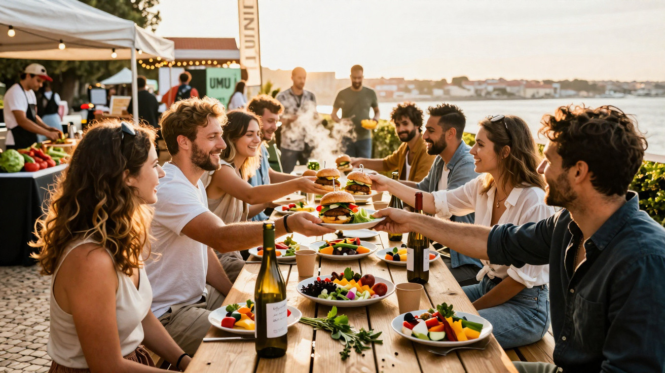 Grupo de amigos a partilhar hambúrgueres e a desfrutar de refeição ao ar livre à beira-mar ao pôr do sol.