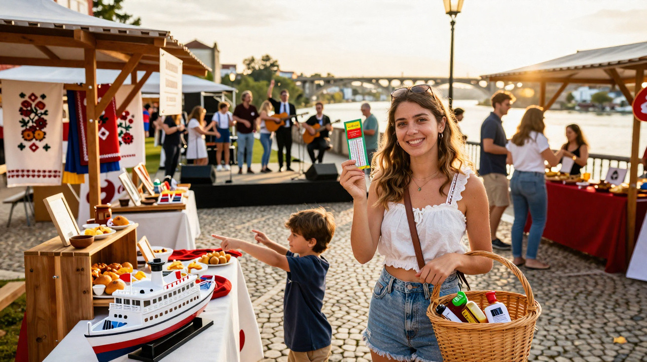 Jovem sorridente com cesto de compras num mercado ao ar livre junto a criança e banca de artesanato.