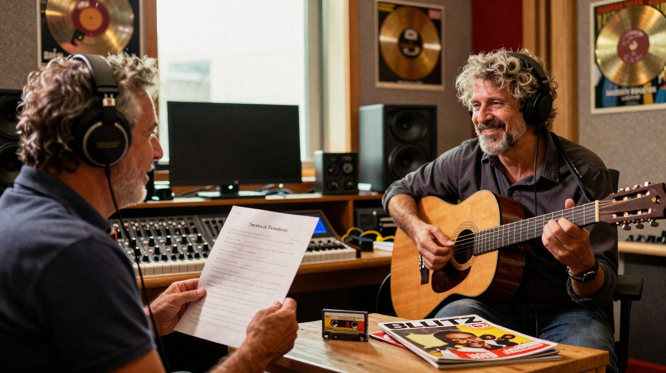 Dois homens com auscultadores em estúdio de gravação, um toca guitarra e o outro lê uma folha com letra de música.
