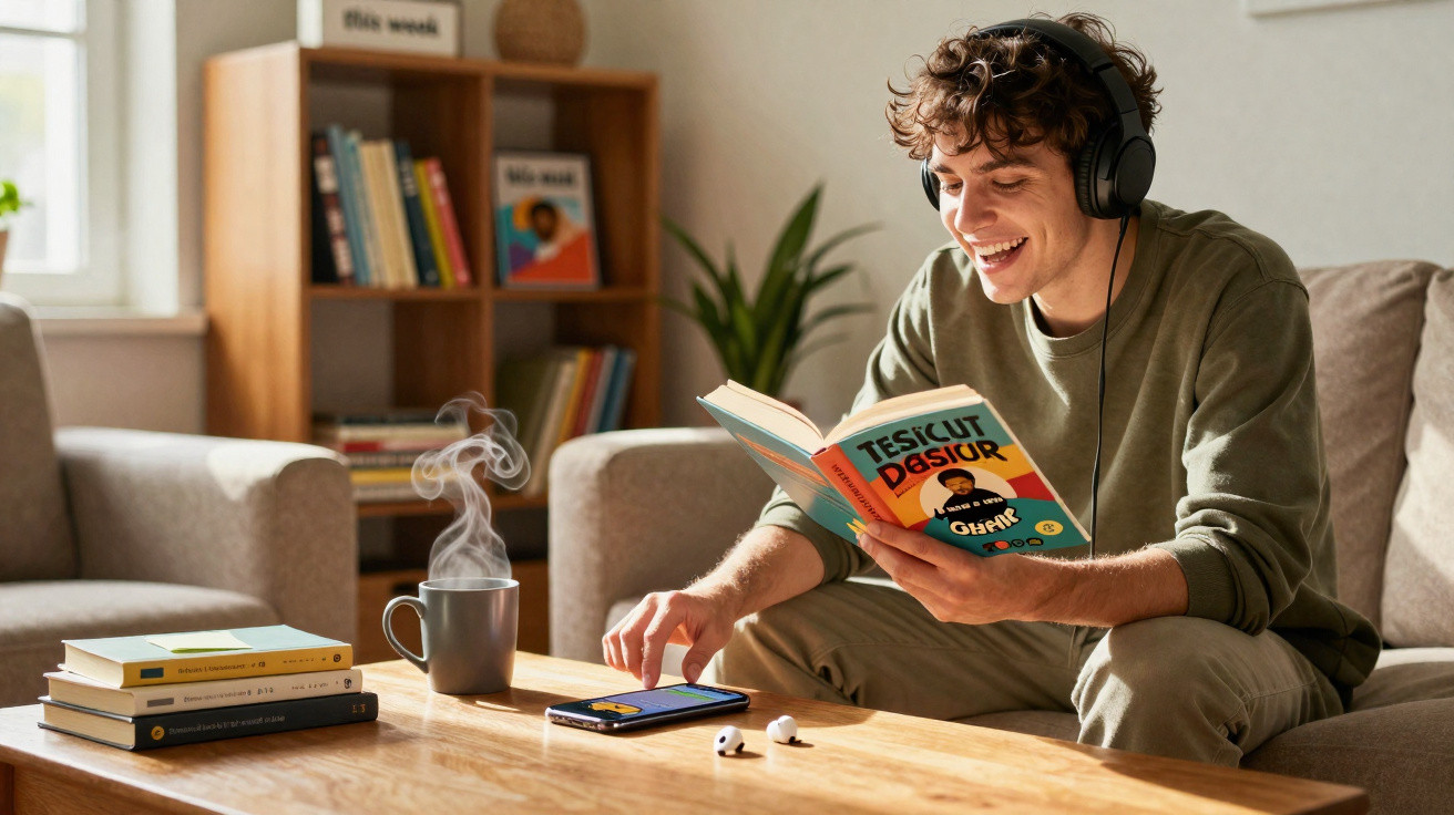 Jovem com auscultadores a sorrir enquanto lê um livro sentado na sala, com chá fumegante e outros livros à mesa.