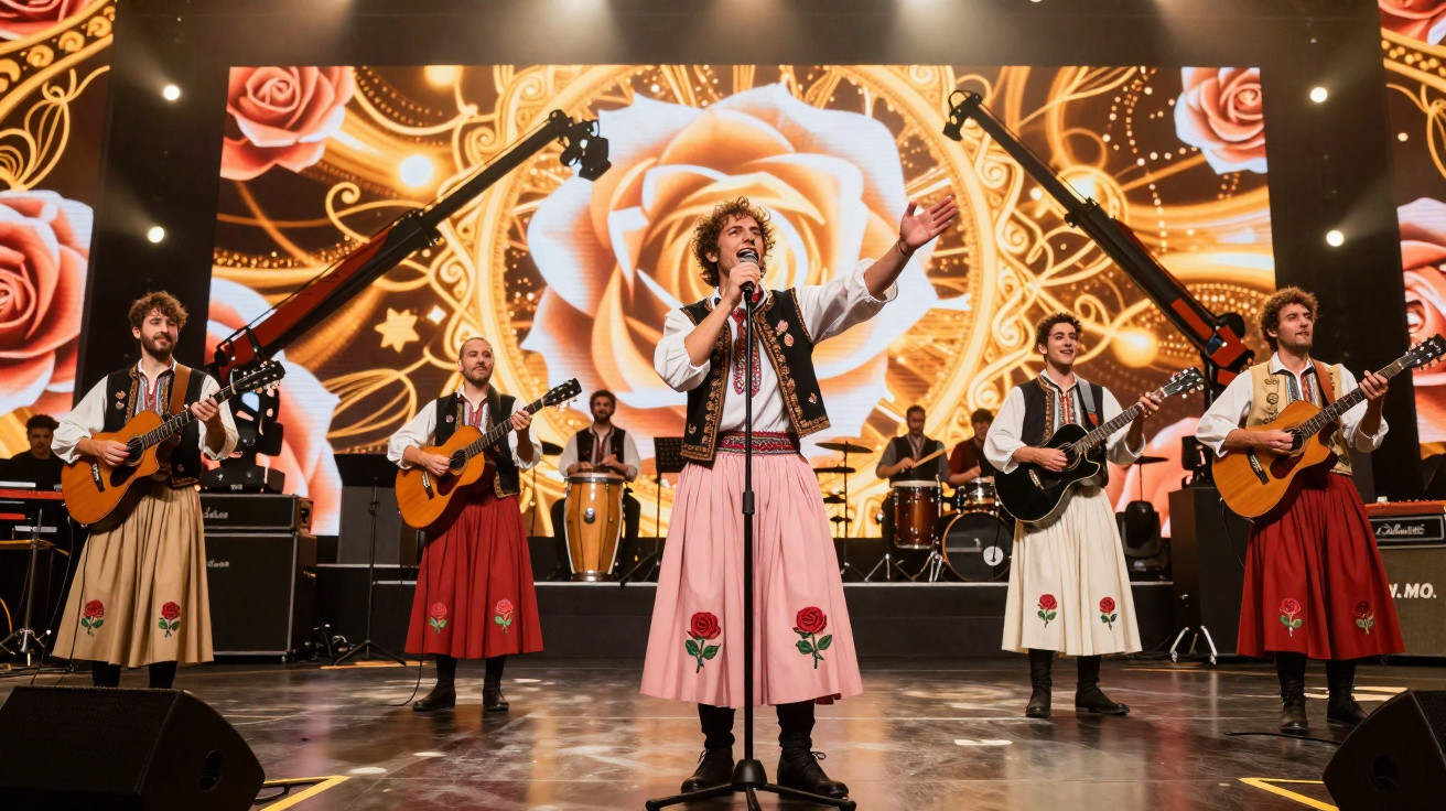 Grupo musical em palco com trajes tradicionais portugueses e fundo iluminado com imagens de rosas.