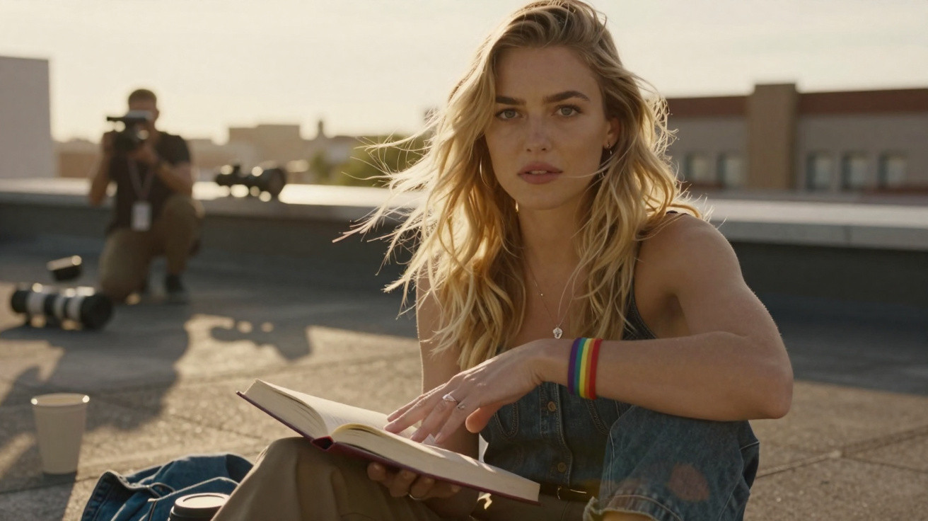 Mulher sentada num telhado ao pôr do sol, a ler um livro, com pulseira de arco-íris no pulso.
