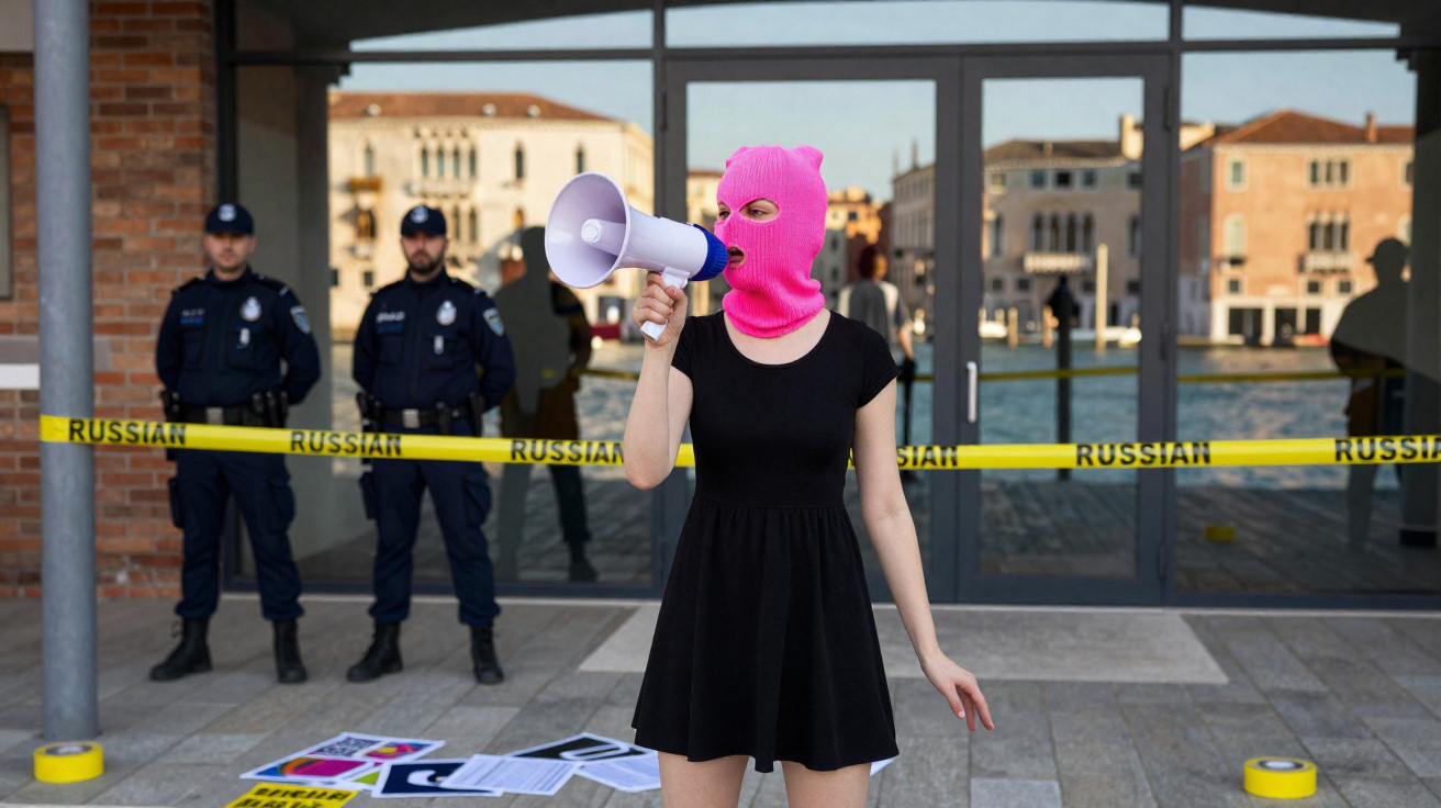 Pessoa com balaclava rosa e vestido preto fala com megafone em protesto, polícia e fita amarela ao fundo.