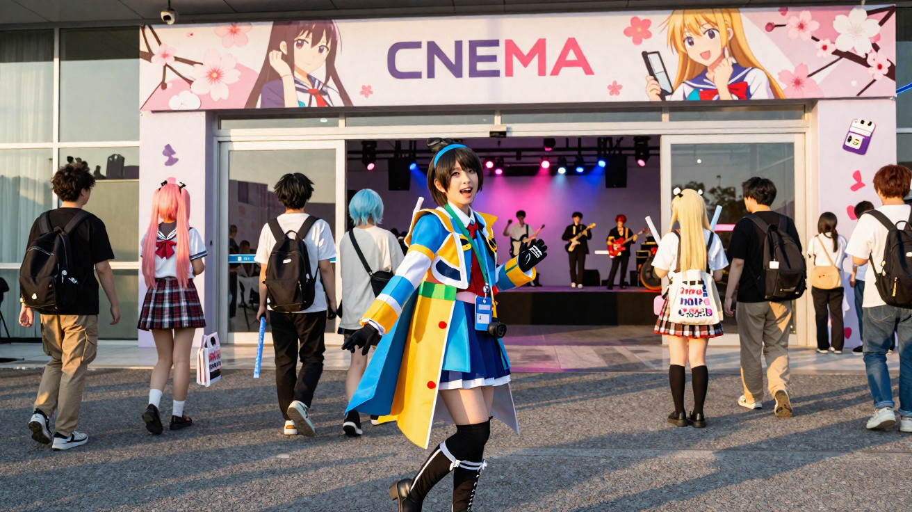 Pessoa em cosplay colorido na entrada de um cinema com sinais de anime e grupo a assistir concerto.
