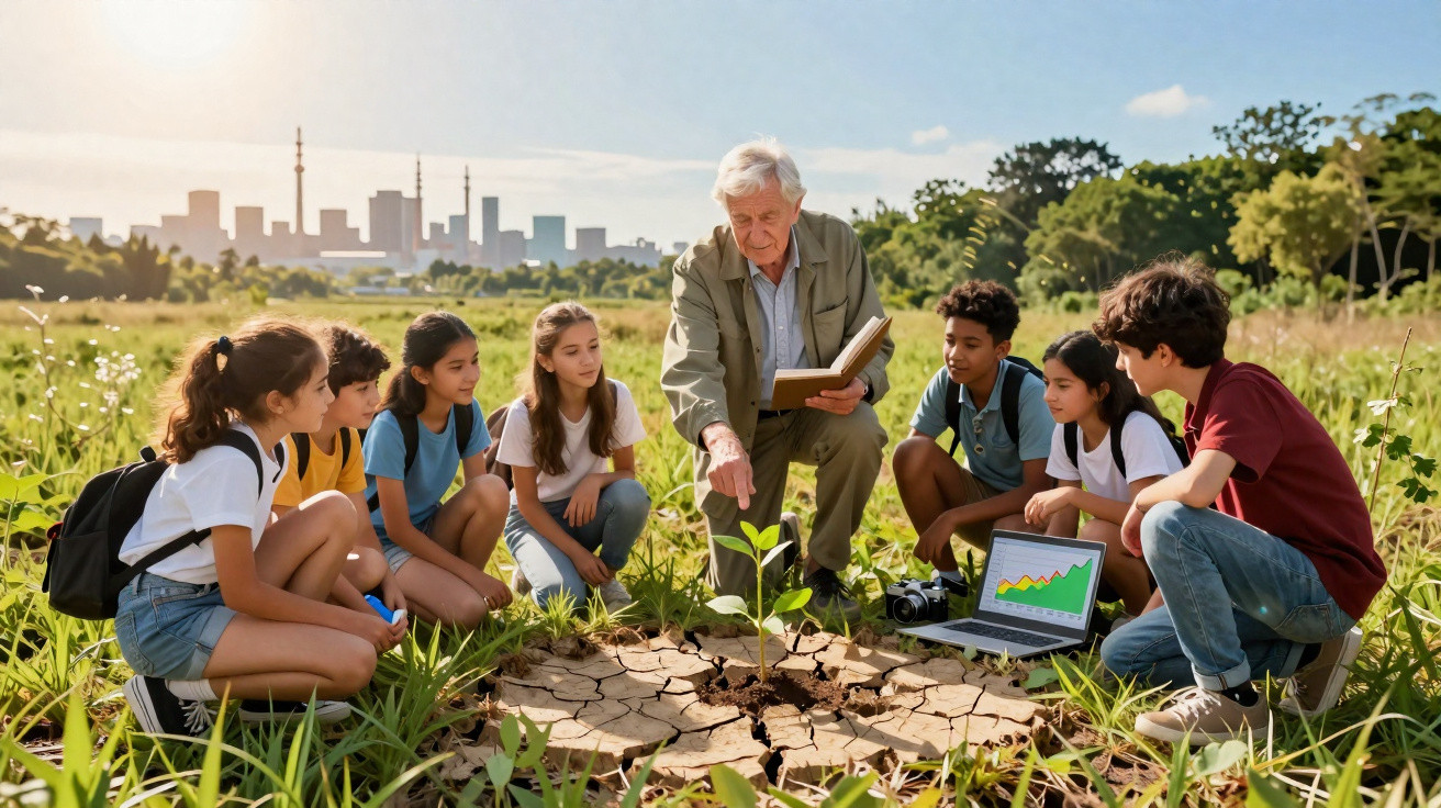 Professor idoso ensina crianças sobre plantas e meio ambiente numa área verde perto da cidade.