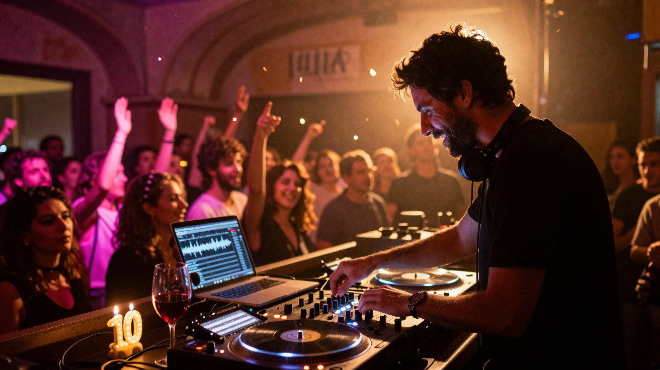 DJ a tocar música para uma audiência animada numa festa noturna em ambiente interior.