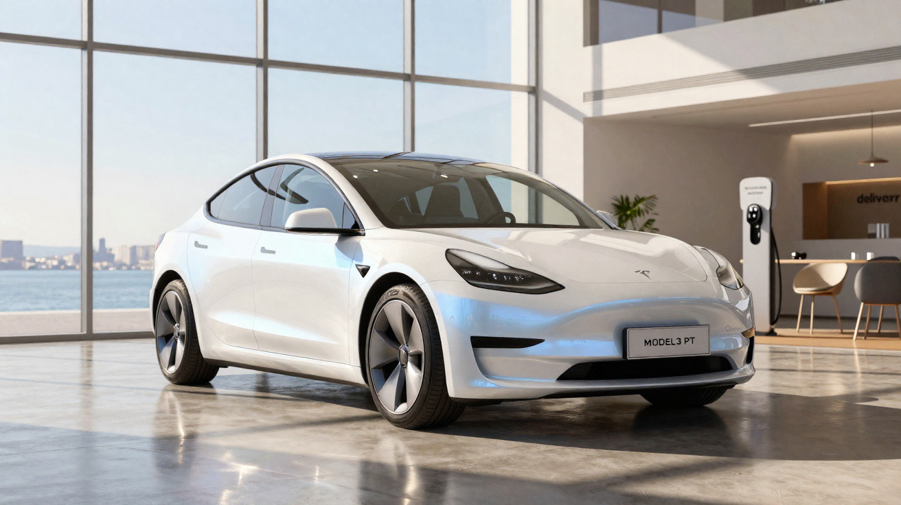 Carro elétrico Tesla Model 3 branco estacionado em espaço interior moderno com grandes janelas e vista para o mar.
