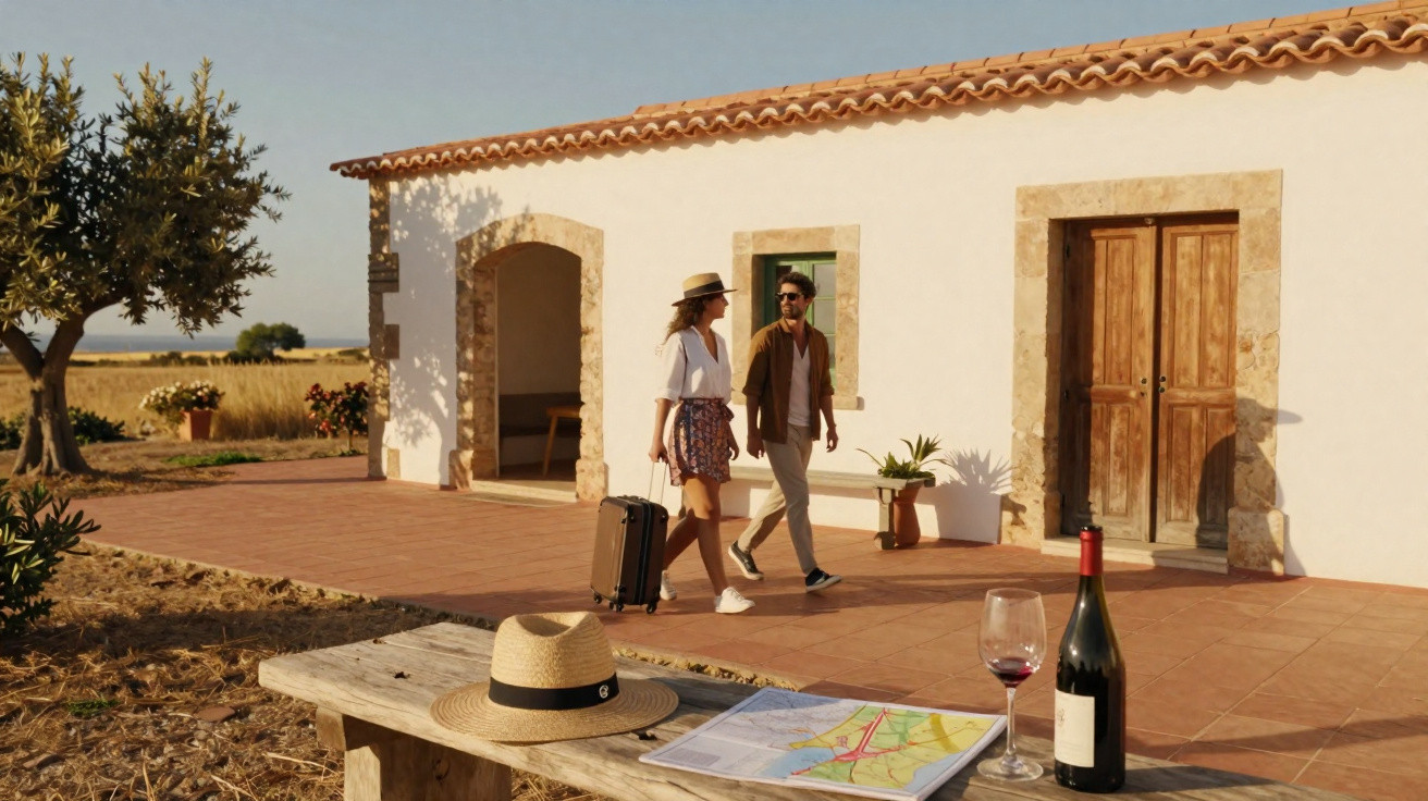 Casal com mala a caminhar junto a casa rural branca em ambiente campestre ao pôr do sol.