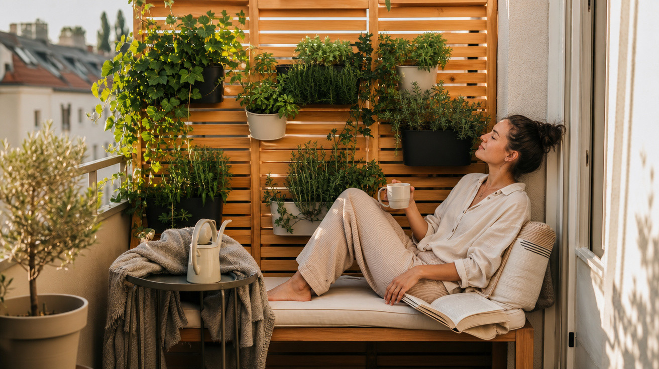 Mulher relaxa com chá e livro numa varanda com plantas e exposição solar acolhedora.