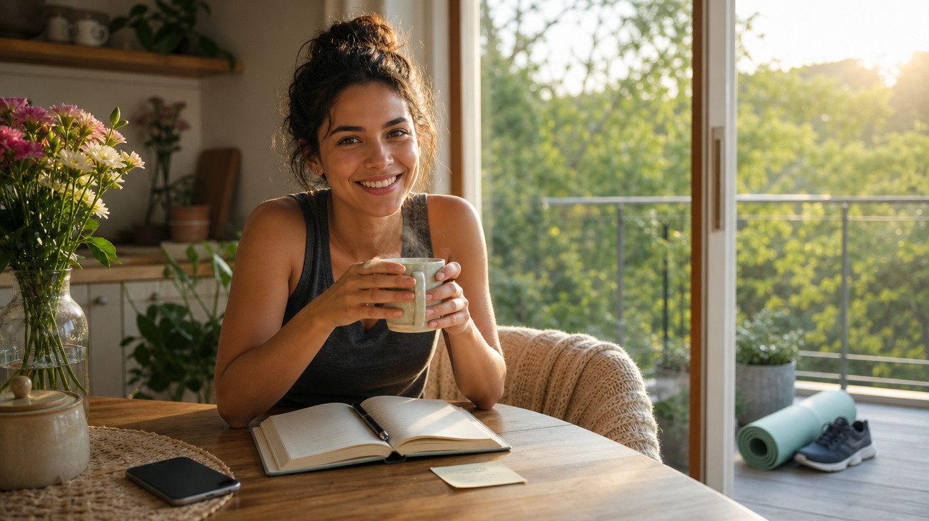 Mulher sorridente sentada à mesa com chá e caderno, em ambiente luminoso junto a varanda com plantas.
