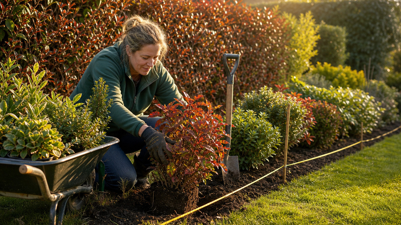 Mulher a plantar arbusto com luvas num jardim bem cuidado ao fim da tarde.