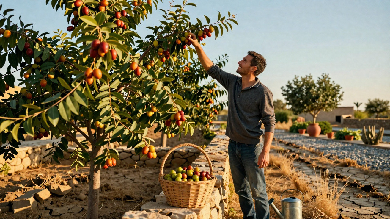 Homem colhendo frutos maduros numa árvore, com cesta cheia de frutas ao lado, num pomar ao ar livre.