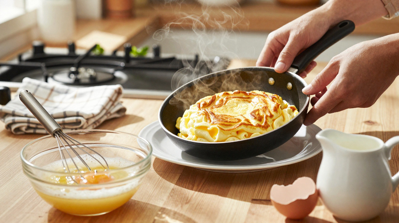 Pessoa a colocar omelete fumegante numa frigideira sobre prato numa cozinha iluminada.