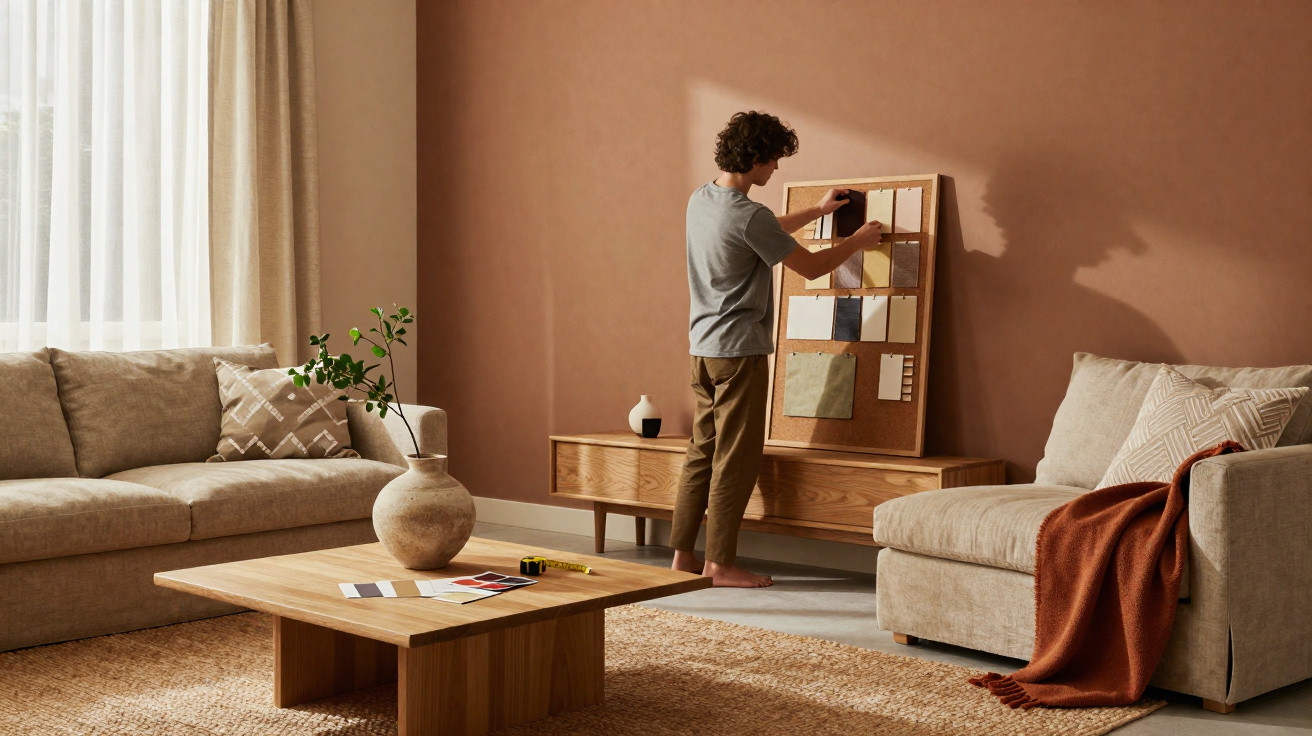 Pessoa organiza amostras de materiais numa sala de estar com tons neutros e decoração minimalista.