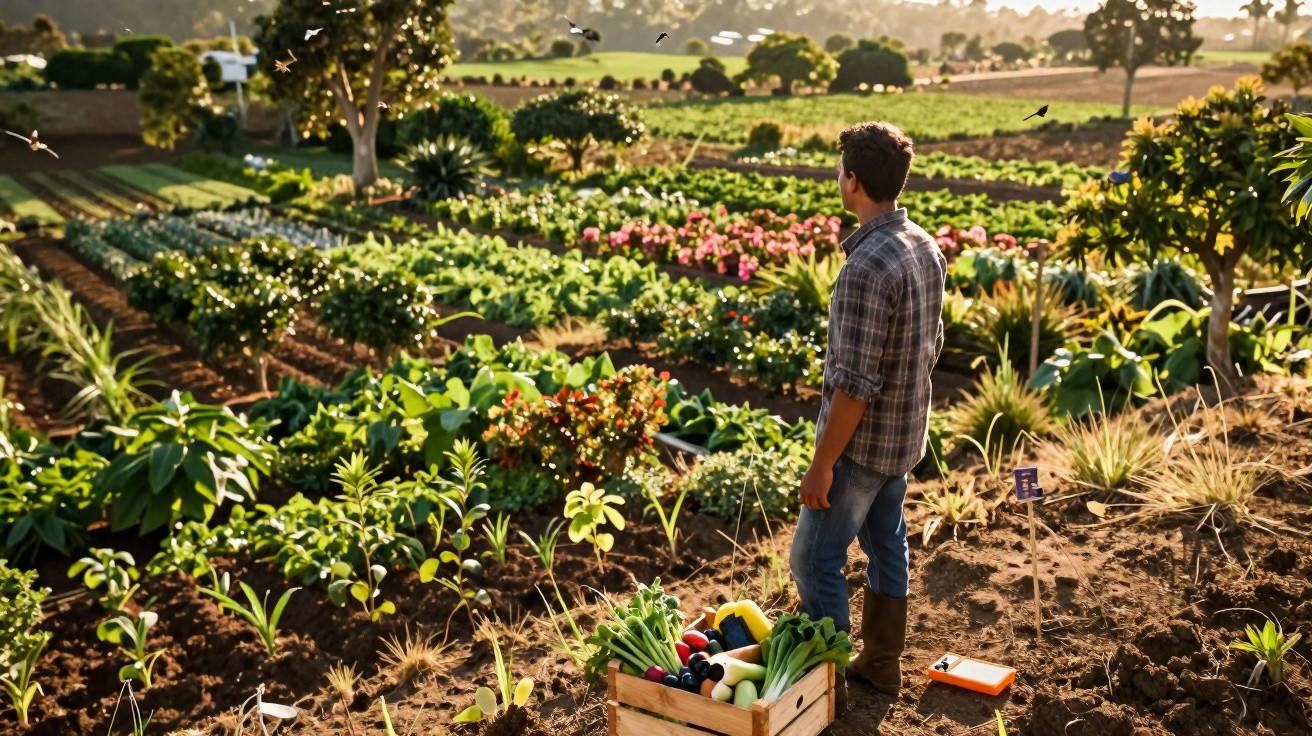 Homem de pé a observar horta com plantas e legumes frescos numa caixa de madeira, em dia ensolarado.