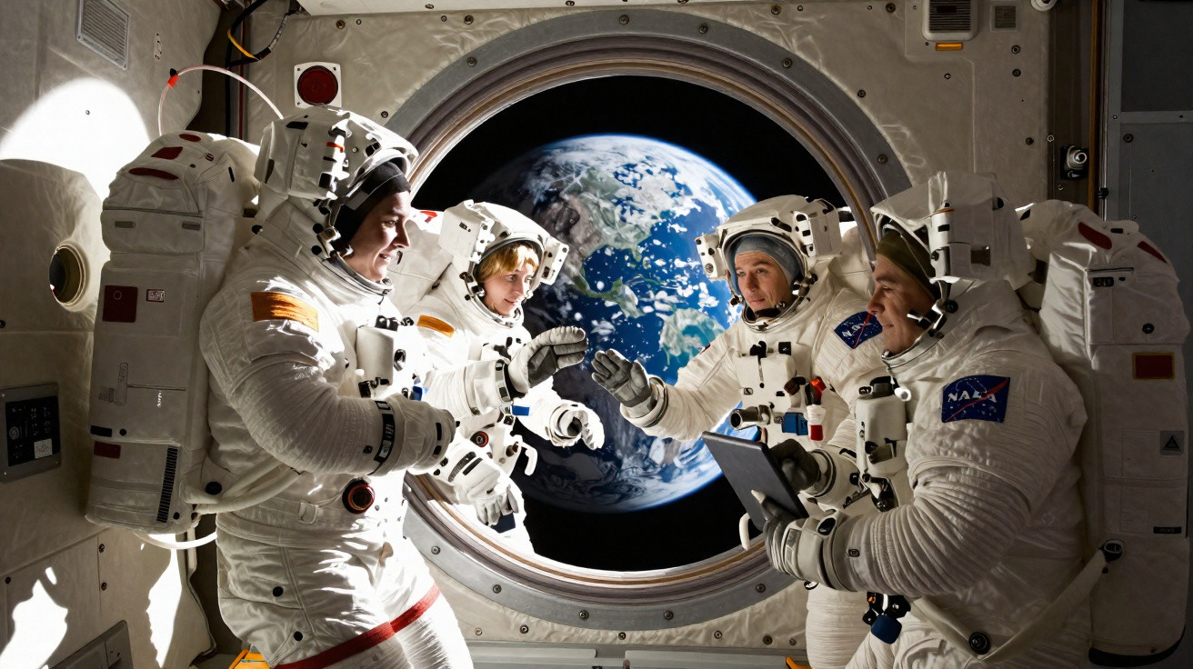 Quatro astronautas em trajes espaciais dentro de uma estação com a Terra visível pela janela circular.