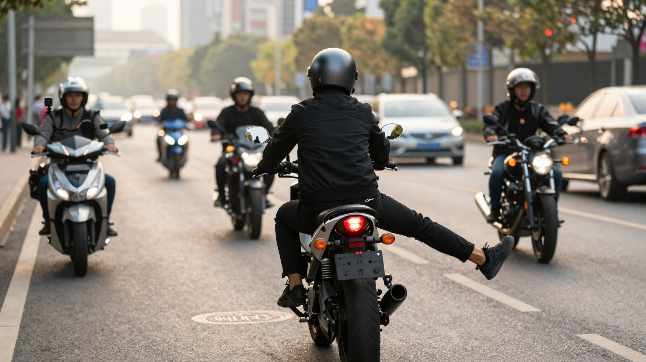 Grupo de motociclistas com capacetes circula numa rua movimentada numa cidade ao entardecer.