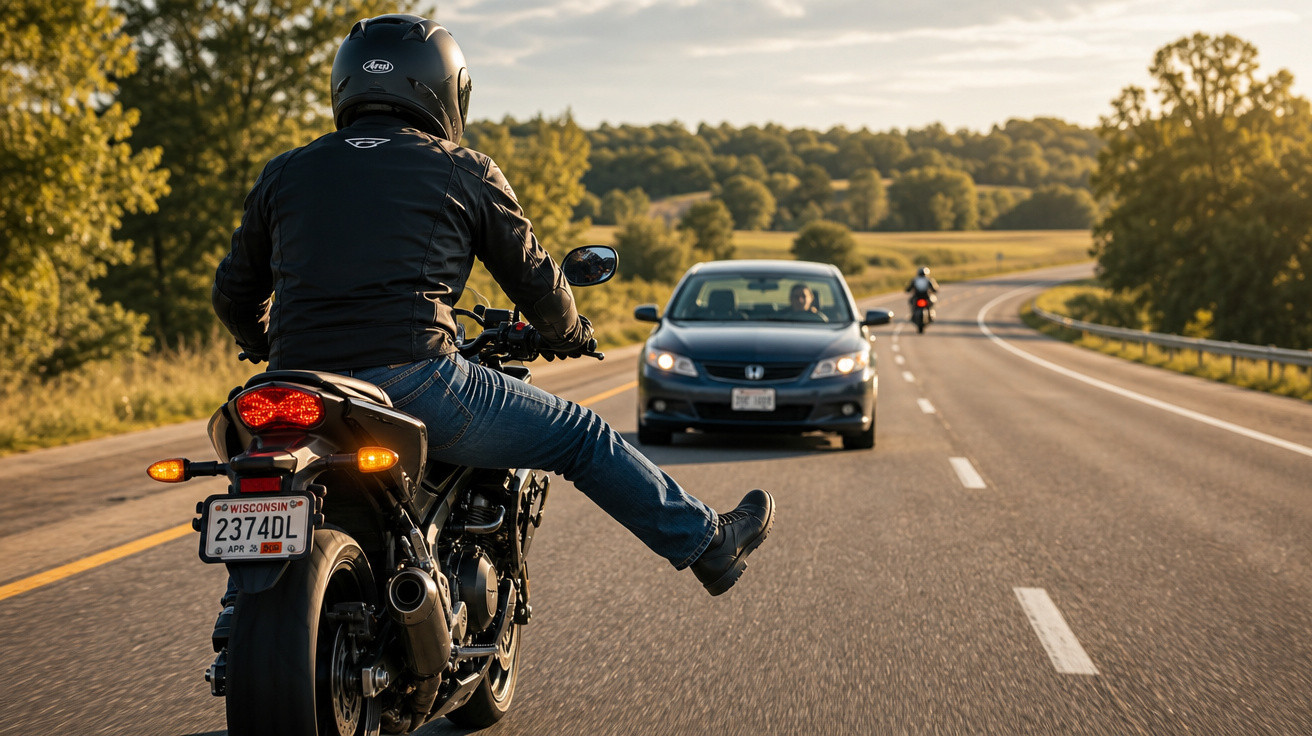 Motociclista com capacete estende perna enquanto circula numa estrada rural ao entardecer.