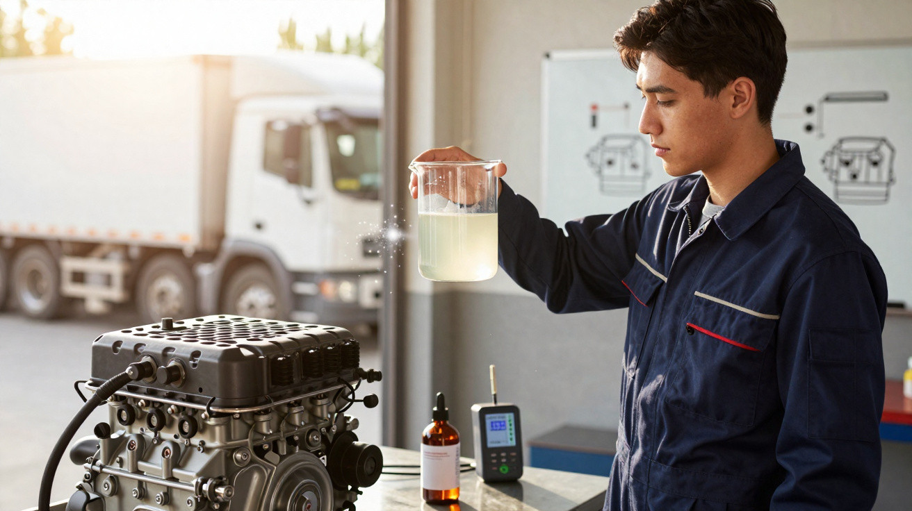 Técnico a analisar líquido num recipiente transparente junto a um motor com camião ao fundo.