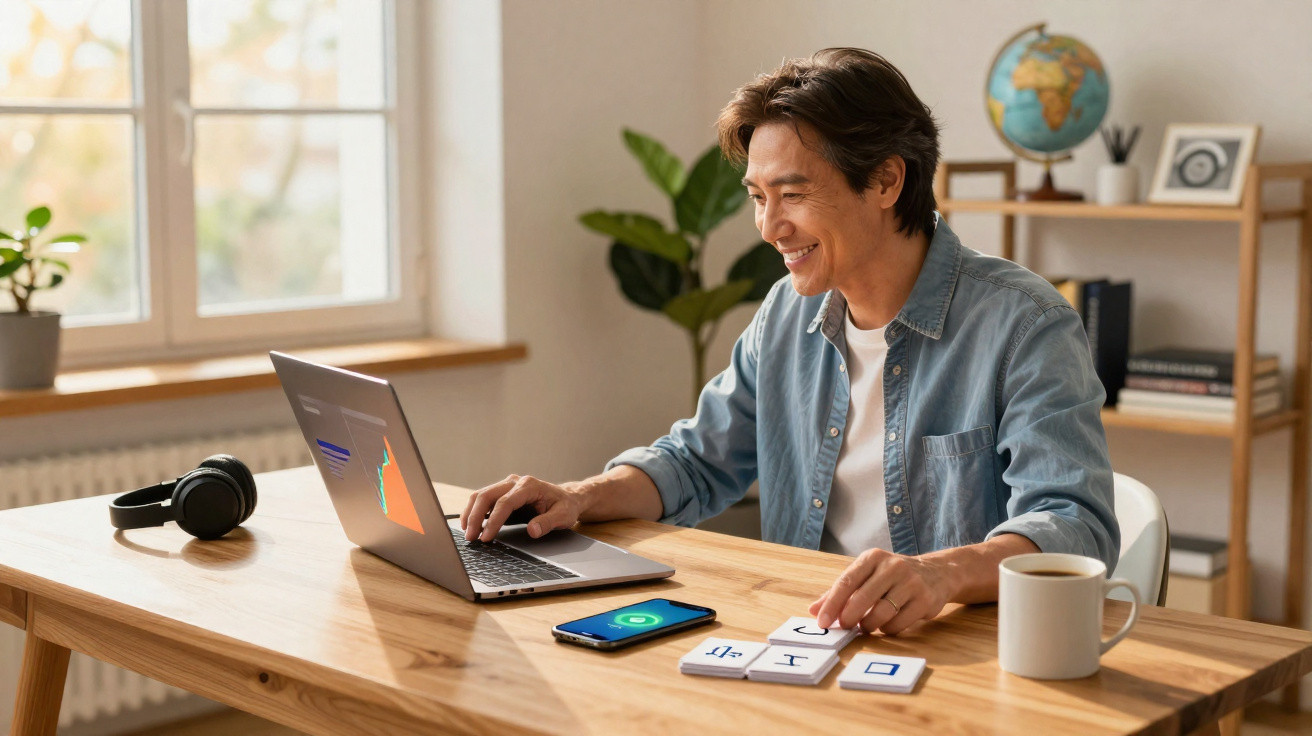 Homem sorridente a estudar língua coreana em casa, com laptop, smartphone e fichas de aprendizagem na mesa.