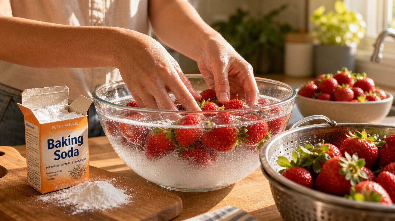 Mãos a lavar morangos numa tigela com bicarbonato de sódio, num balcão de cozinha com frutas ao fundo.