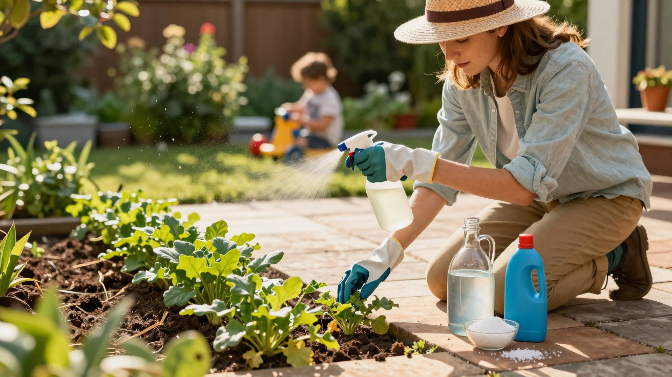 Mulher de chapéu a regar plantas com pulverizador num jardim, criança brinca ao fundo.