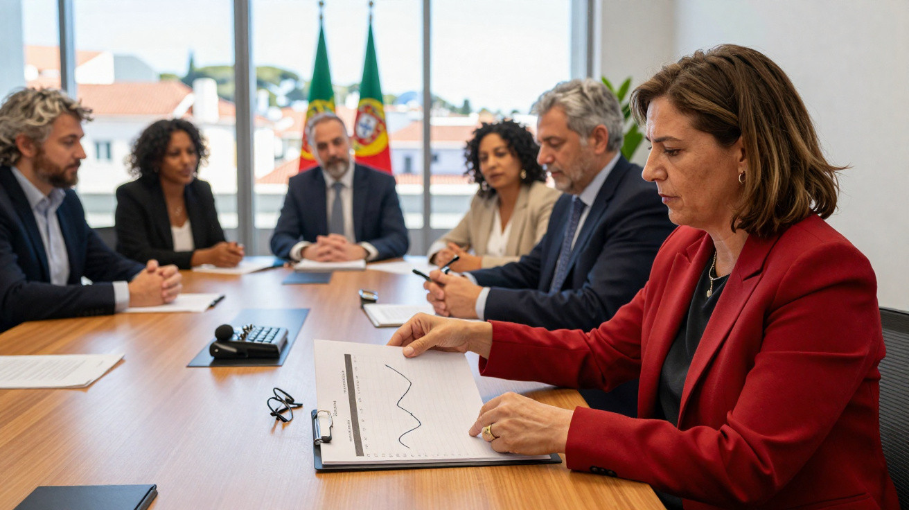 Reunião de negócios com seis pessoas numa sala, com gráficos e bandeiras de Portugal ao fundo.