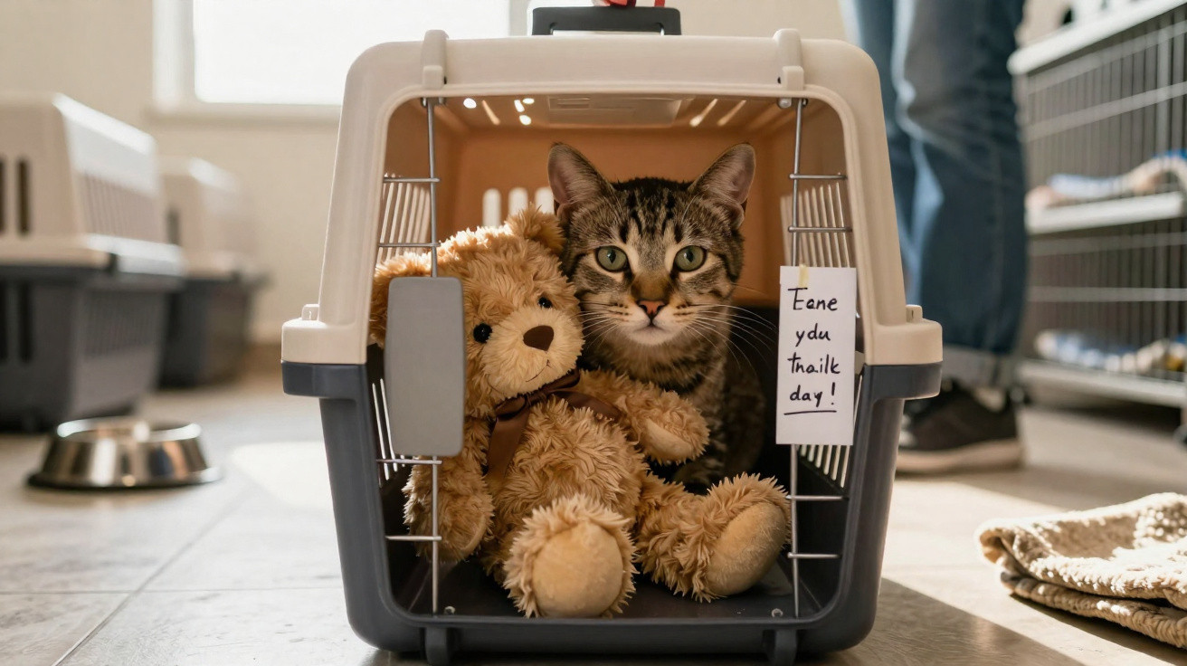 Gato dentro de transportadora com urso de peluche, numa sala iluminada com janela ao fundo.