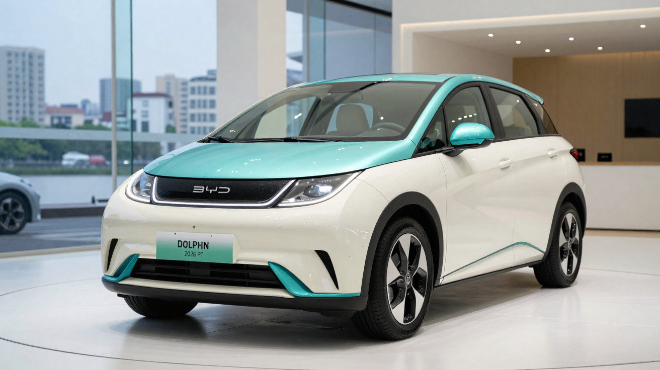 Carro elétrico BYD Dolphin branco com detalhes azul claro em exposição num salão moderno.