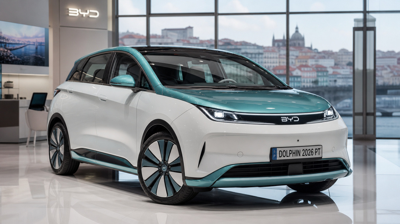 Automóvel elétrico BYD Dolphin 2026 branco e verde exposto em showroom com vista para cidade.
