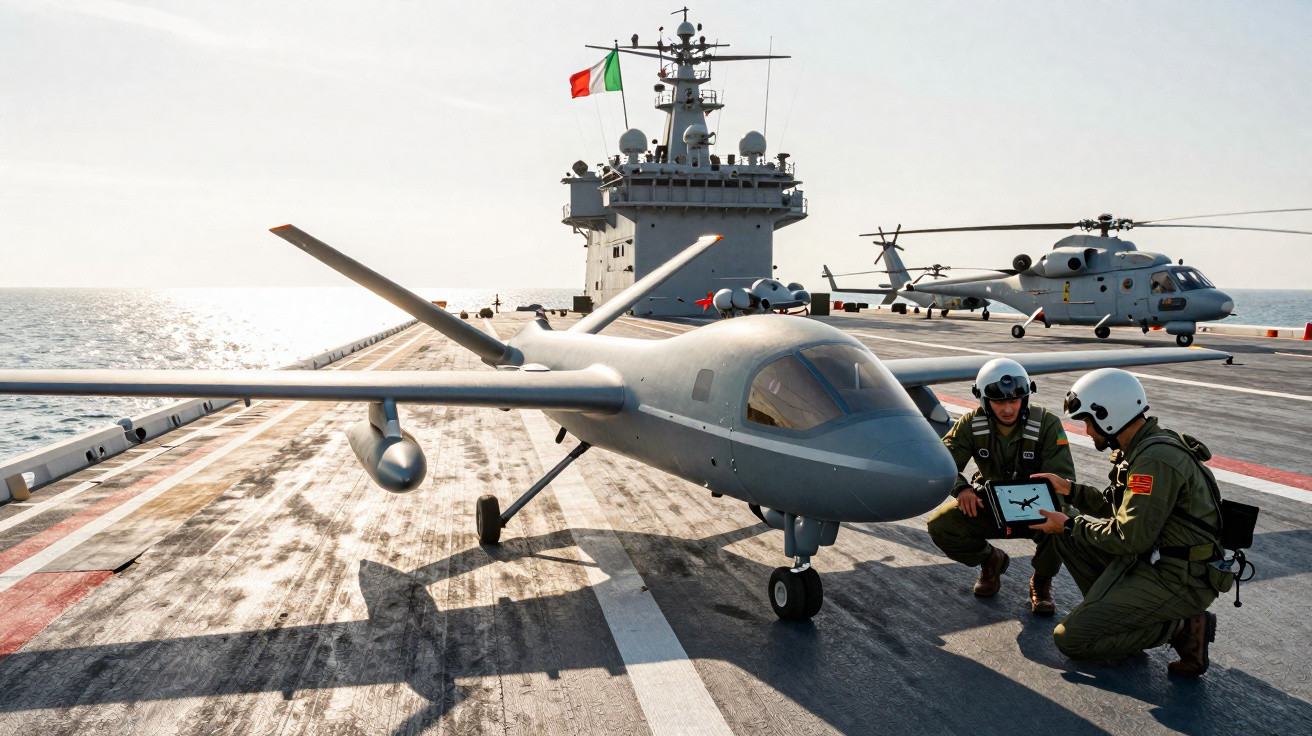 Drone militar em convés de porta-aviões com dois militares a analisar dados num tablet junto à aeronave.