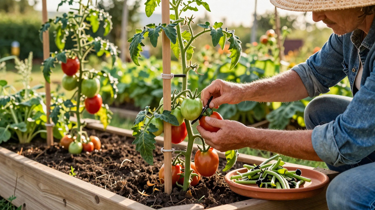 Homem a cortar tomates maduros numa horta elevada com estacas e uma cesta com tomates verdes ao lado.