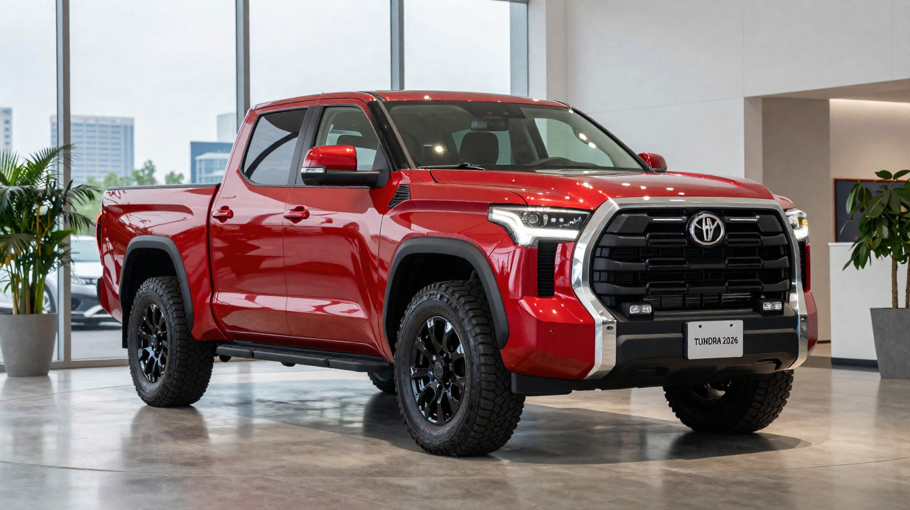 Pick-up Toyota Tundra 2026 vermelha, 4 portas, dianteira com grelha preta, detalhes cinza e jantes negras.