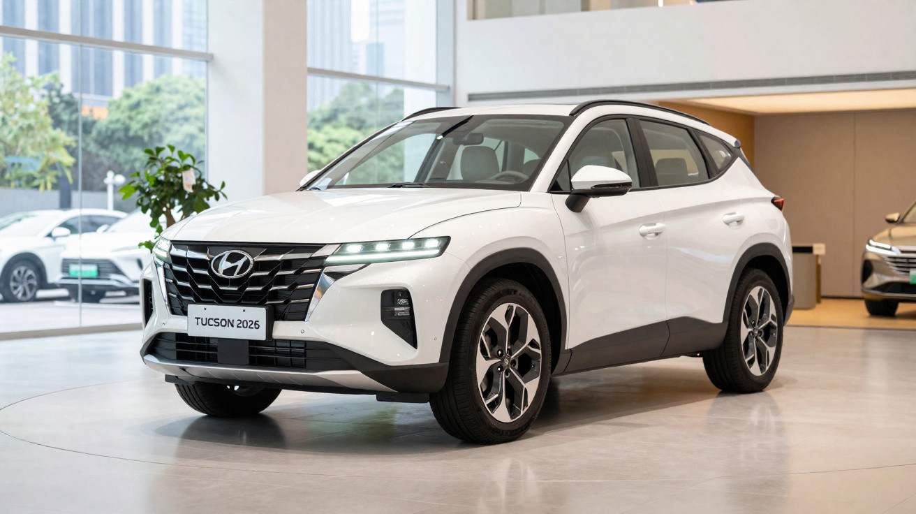 SUV Hyundai Tucson 2026 branco em exposição interior com janelas amplas e iluminação natural.