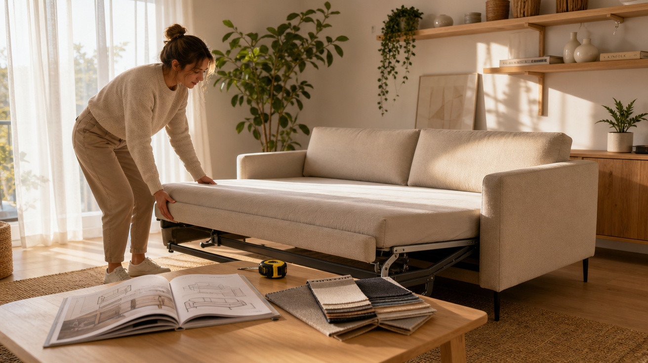 Mulher a abrir sofá-cama na sala com decoração clara, plantas e catálogo de tecidos na mesa de madeira.