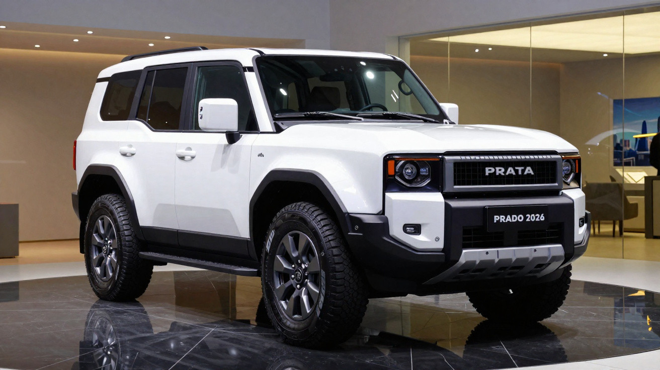 SUV branco Prata Prado 2026 estacionado em sala de exposições com piso brilhante preto.