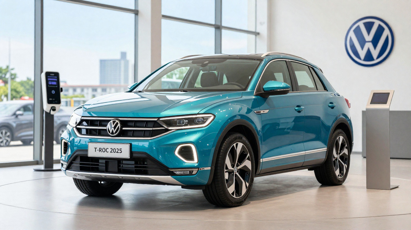 Carro azul Volkswagen T-Roc 2025 exposto numa sala de showroom moderna com grande janela e logótipo VW.