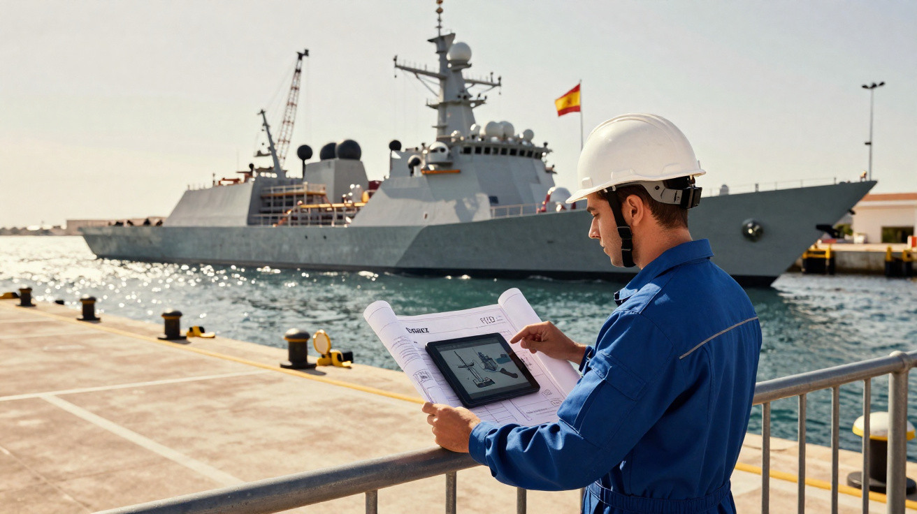 Homem com capacete branco analisa plantas e tablet junto ao cais com navio militar ao fundo.