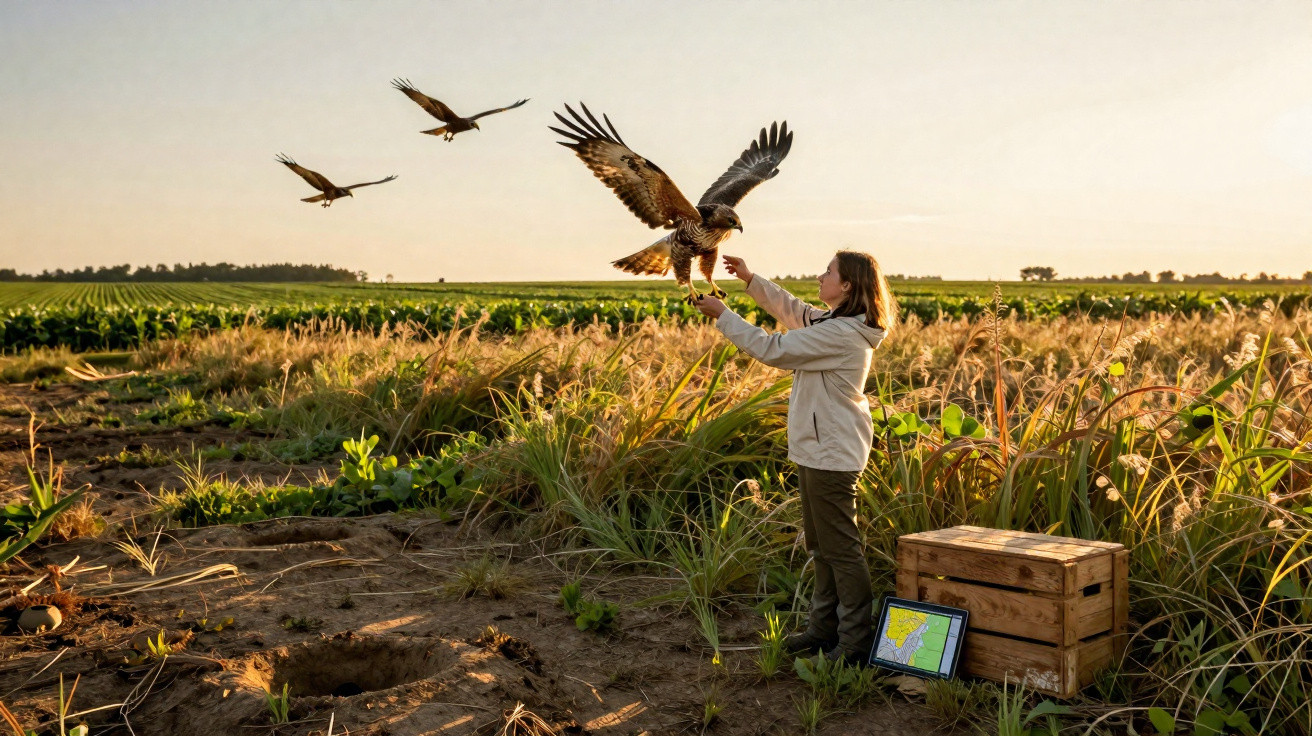 Mulher liberta aves de rapina numa paisagem rural ao pôr do sol com campo e caixa de madeira ao lado.