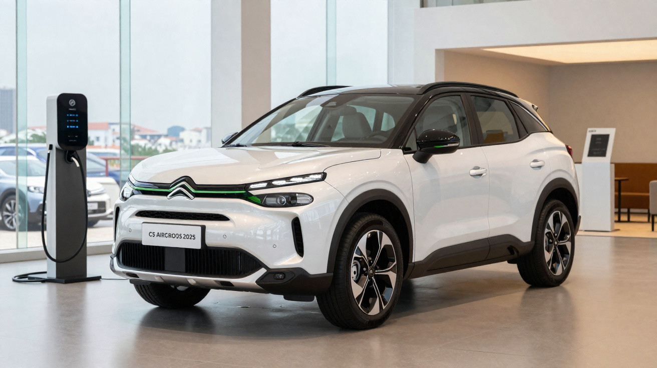 Carro elétrico Citroën C5 Aircross 2023 branco a carregar numa estação de carregamento interior.