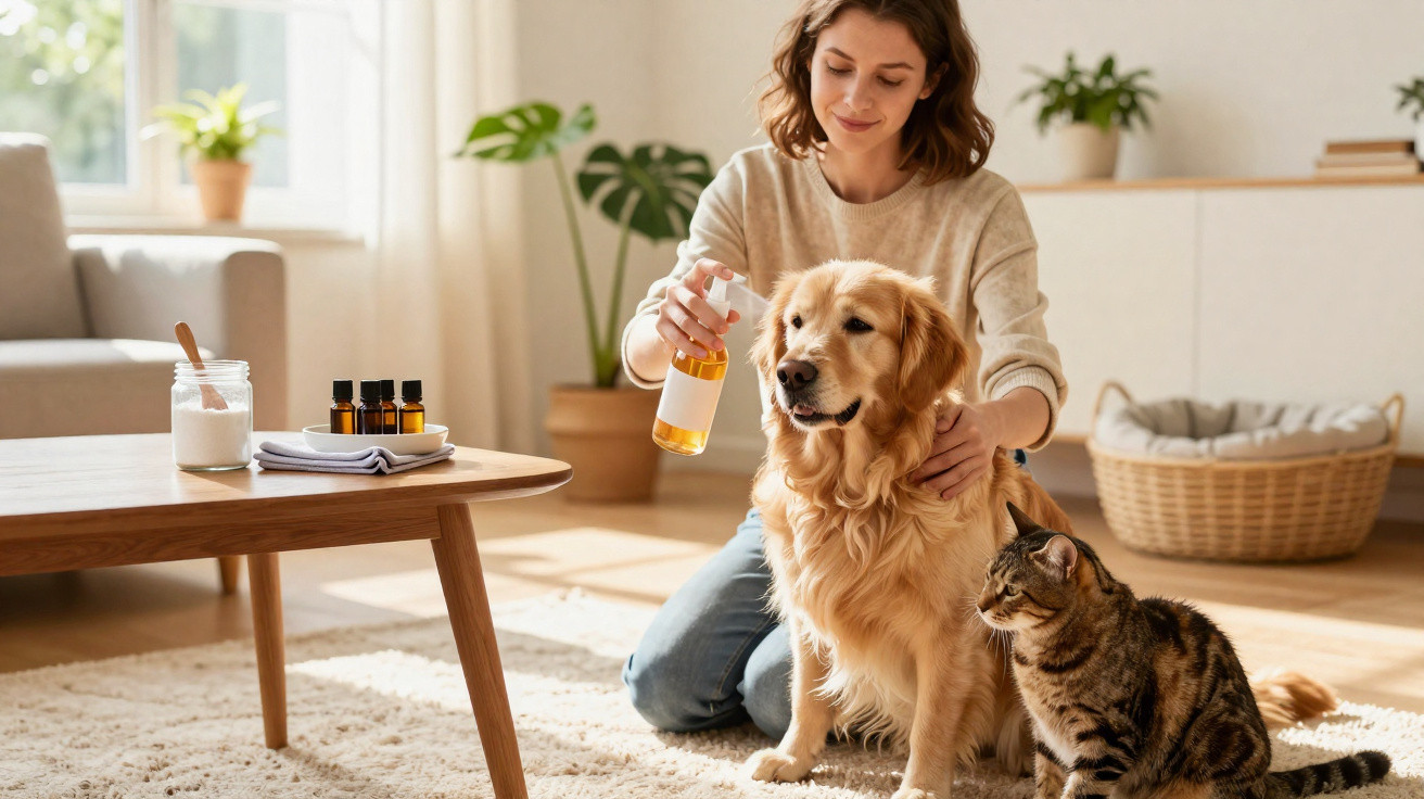 Mulher a borrifar óleo num cão golden retriever, com um gato ao lado, numa sala iluminada.