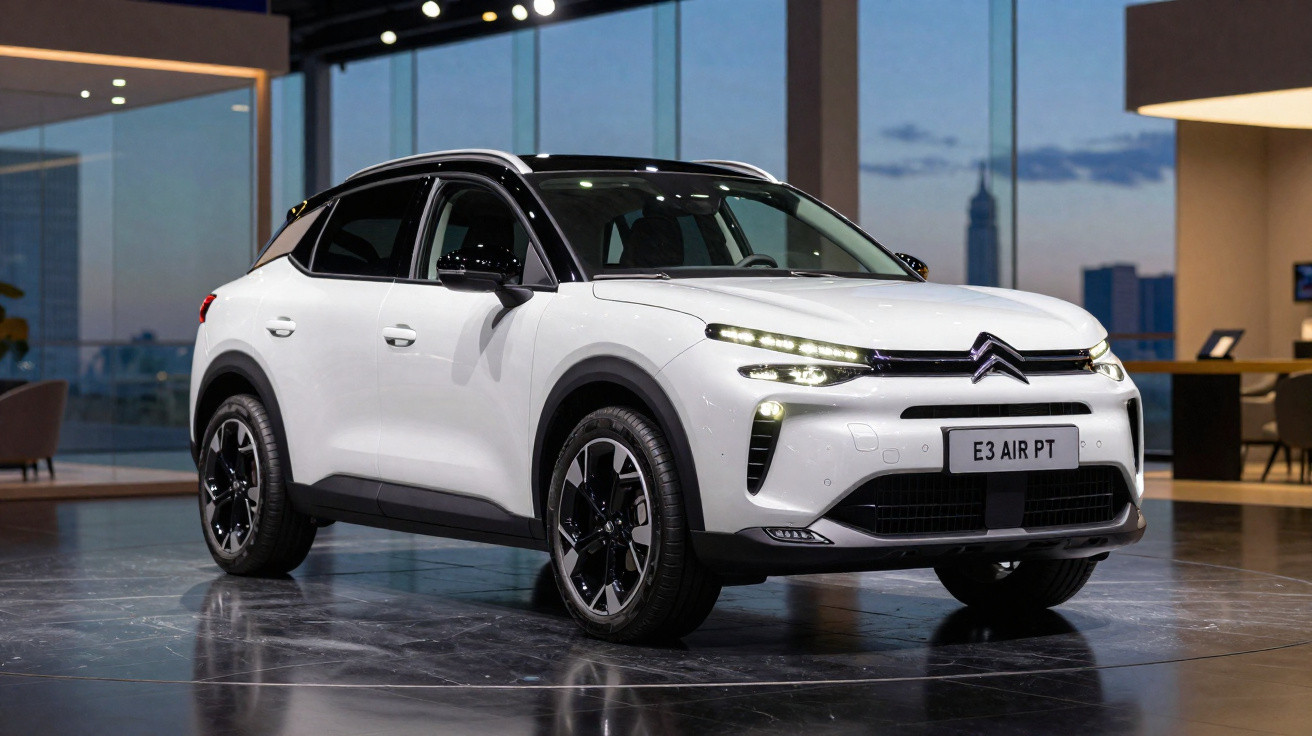 SUV Citroën E3 Air PT branco, estacionado em ambiente interno moderno durante o anoitecer.