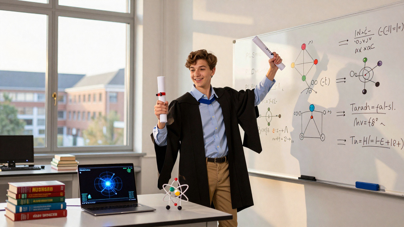 Jovem com bata de formatura segura diploma em sala de aula com fórmulas e modelos científicos no quadro branco.