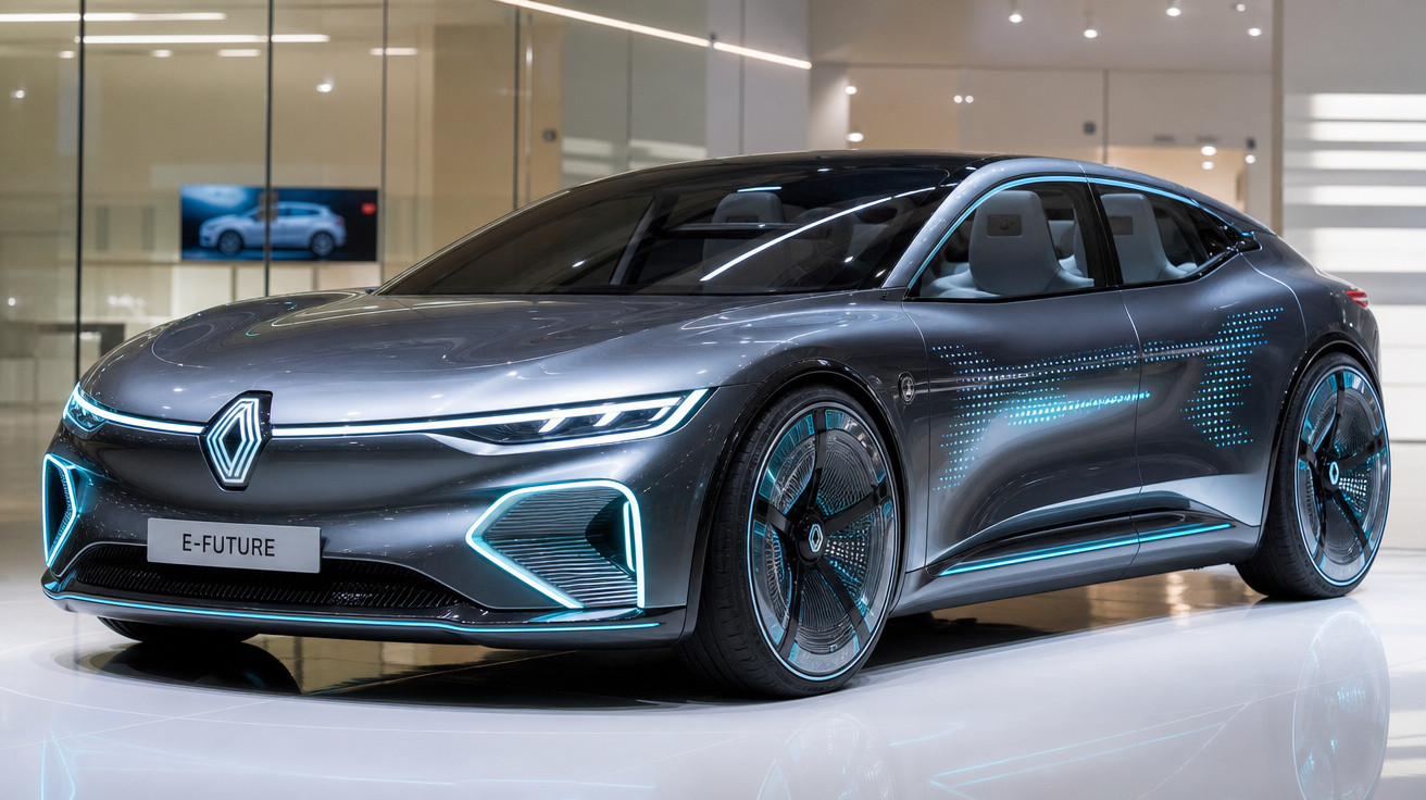 Carro elétrico futurista cinzento com luzes azuis, design aerodinâmico e rodas modernas em exposição.