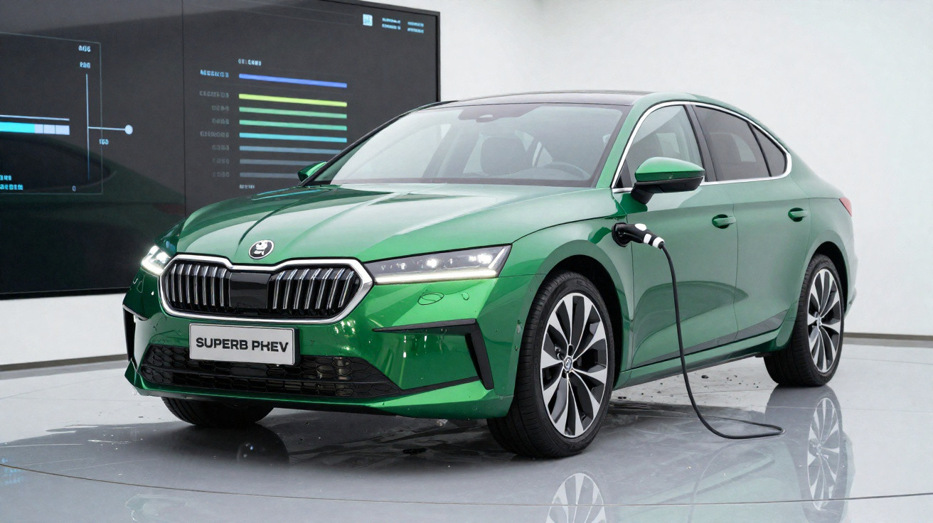Carro eléctrico verde Škoda Superb PHEV em exibição, ligado a carregador numa sala branca moderna.