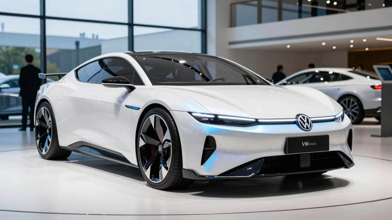 Carro desportivo elétrico branco Volkswagen ID.R exposto num salão moderno.
